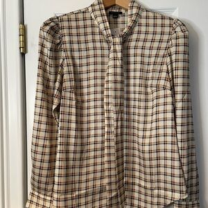 NWT Ann Taylor Tie Neck/Puff Sleeve Cream and Tan and Black Plaid Blouse